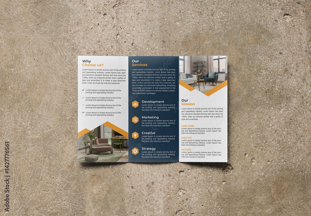 Tri Folder Open Mockup Of Customizable Tri-Fold Open Leaflet On Floor Stock テンプレート ...