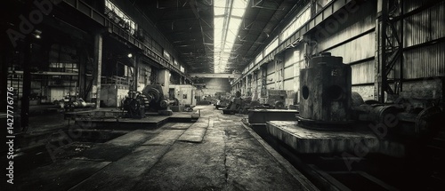 Interior view of a factory or industrial building in black and white.
