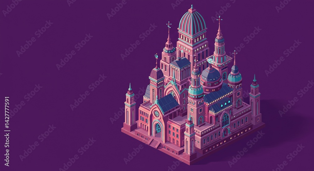 Obraz premium 紫色の背景、低多角形建築、幻想的宮殿、静かに輝く