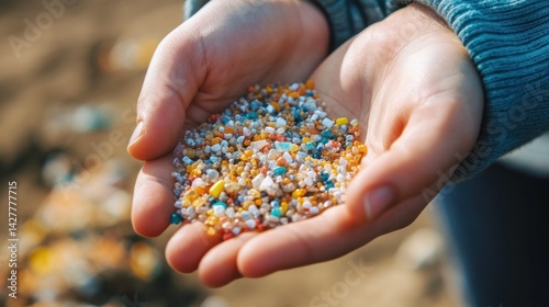 a handful of colorful plastic nurdles or pellets held by a child representing pollution and its effects on the environment and conservation efforts