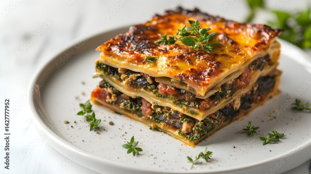 Delicious homemade spinach and mushroom lasagna served on a white plate garnished with fresh thyme ready to eat. Delicious homemade spinach and mushroom lasagna served on a white plate garnished with fresh thyme ready to eat.