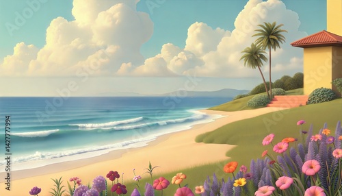 Tropical beach with flowers and house