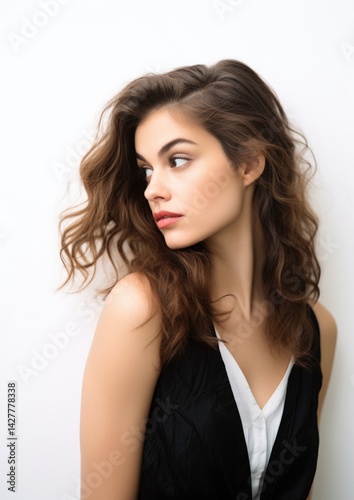 Brunette Wavy Hair Woman Black Vest Side Portrait