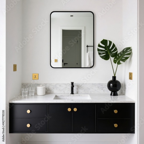 Bathroom mirror and sink scene