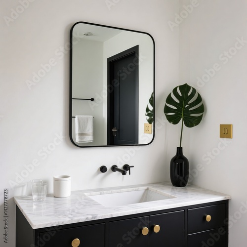 Bathroom mirror and sink scene