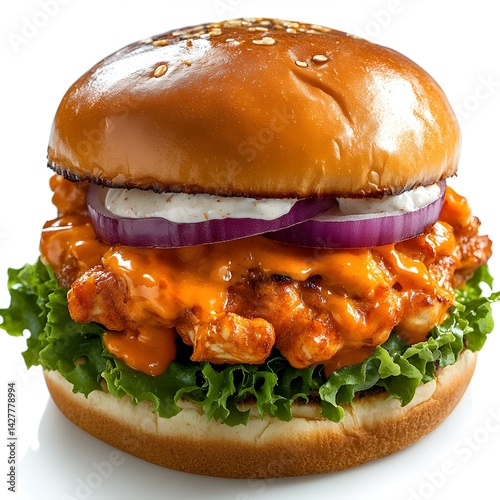 A delicious juicy buffalo chicken burger sits on a white background ready to be eaten for lunch or dinner.