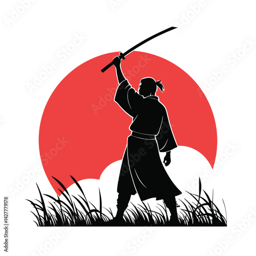 Lone warrior silhouette holding sword before dramatic red sunset.