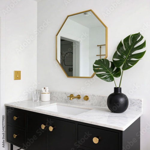 Bathroom mirror and sink scene