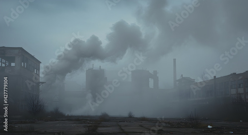 Abandoned Factory Emitting Smoke Pollution Under A Gloomy Sky In Industrial Area photo