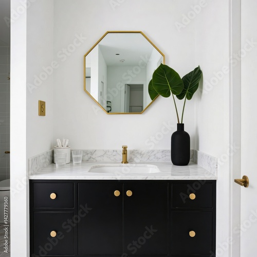 Bathroom mirror and sink scene