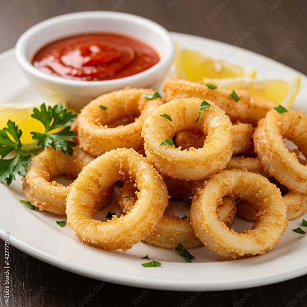 A plate of crispy calamari rings served with zesty marinara sauce A plate of crispy calamari rings served with zesty marinara sauce