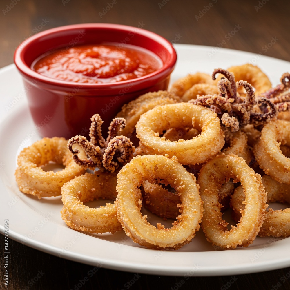 A plate of crispy calamari rings served with zesty marinara sauce A plate of crispy calamari rings served with zesty marinara sauce