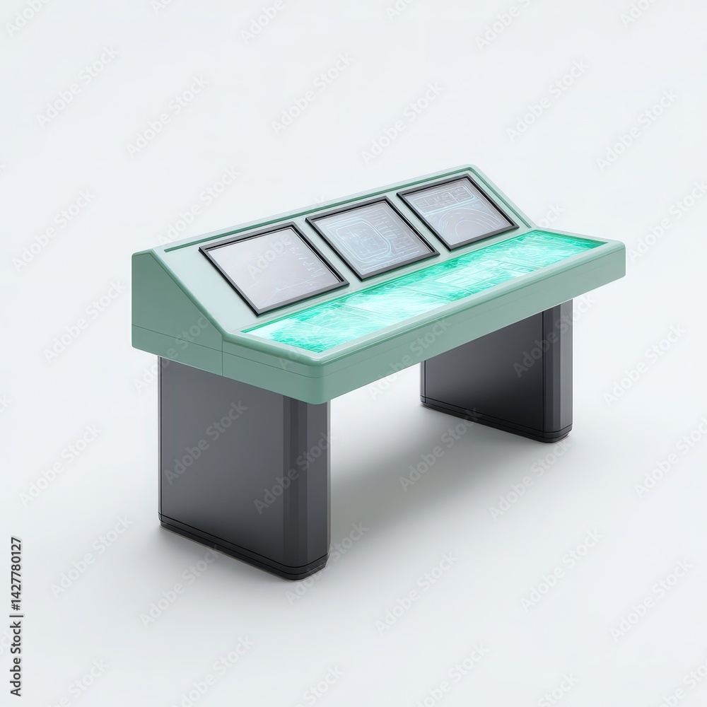 Futuristic office desk with multiple holographic displays