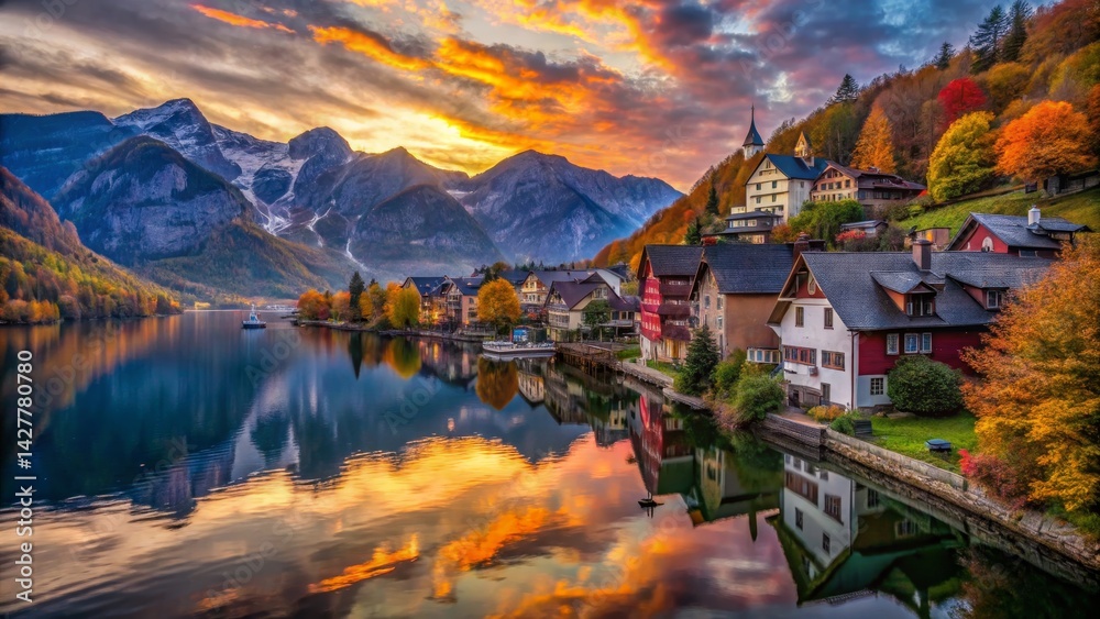 Naklejka premium Picturesque Lakeside Village at Sunset