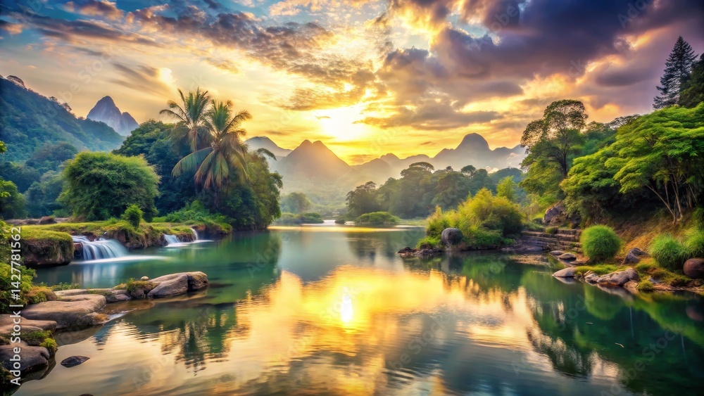 Fototapeta premium Tropical Landscape with River and Sunset