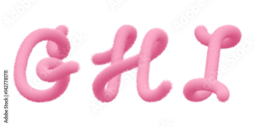 Furry pompon G, H, I 3d typography. Hairy vector capital script, fuzzy soft plush character. Puffy toy texture, pink panther letter, fur ball. Cat tail, animal hair alphabet. Fluffy font typescript