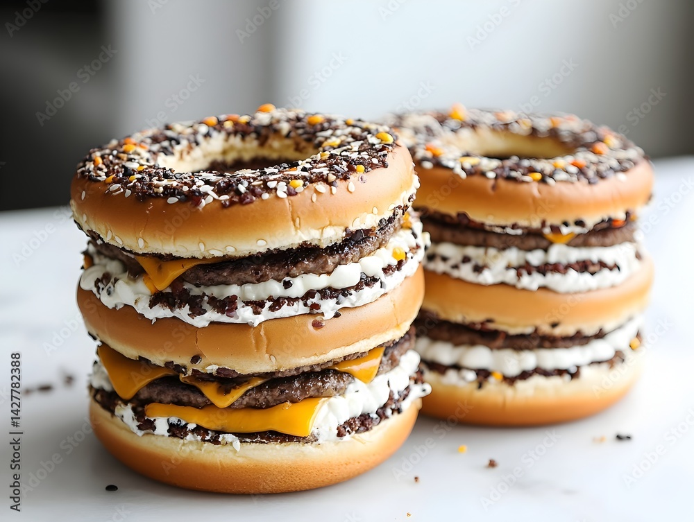 Two delicious triple-decker burgers are stacked high on toasted bagel buns with cheese and sprinkles. Two delicious triple-decker burgers are stacked high on toasted bagel buns with cheese and sprinkles.