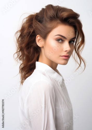 side view beautiful female model in white background