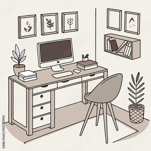 Cozy Modern Home Office Workspace – Computer Desk with Stylish Decor and Minimalist Interior Design