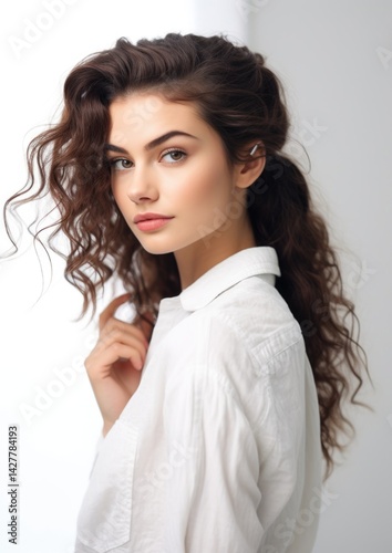 Brunette Curly Ponytail Woman White Shirt Hand in Hair Portrait
