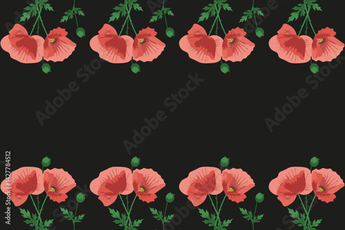 Red Poppy Flowers Frame template design with Empty space for text. Gypsy motif Frame vector illustration. Perfect web banner with Summer Floral Frame isolated black background. EPS 10
