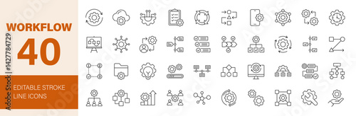 Workflow icon set. Work process related line icons: networking, scheme, timeline, method, gear, management, planning, diagram, flowchart and more. Editable stroke. Vector illustration.