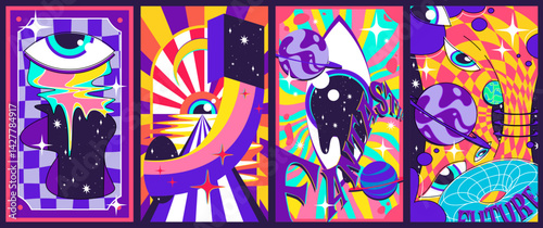 Groovy space poster set - psychedelic galaxy backgrounds, UFO abduction scene, planets orbiting stars. Funky astral trip banners, cosmic swirls patterns. Trippy 60s style universe exploration prints.