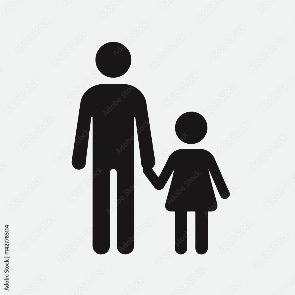 very simple flat and single minimalist Parent  Child Silhouettes in black on a white background