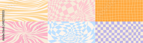 Groovy wave pattern set - psychedelic spiral vortex, checkered grid, striped sunburst background. Optical illusion prints with hypnotic, distorted effects. Funky 60s style retro graphics collection.