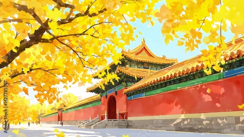 中国の秋の風景 鮮やかな黄金色のイチョウと赤い壁の寺院 歴史と伝統的な建造物 青い空の下の美しい景色 photo