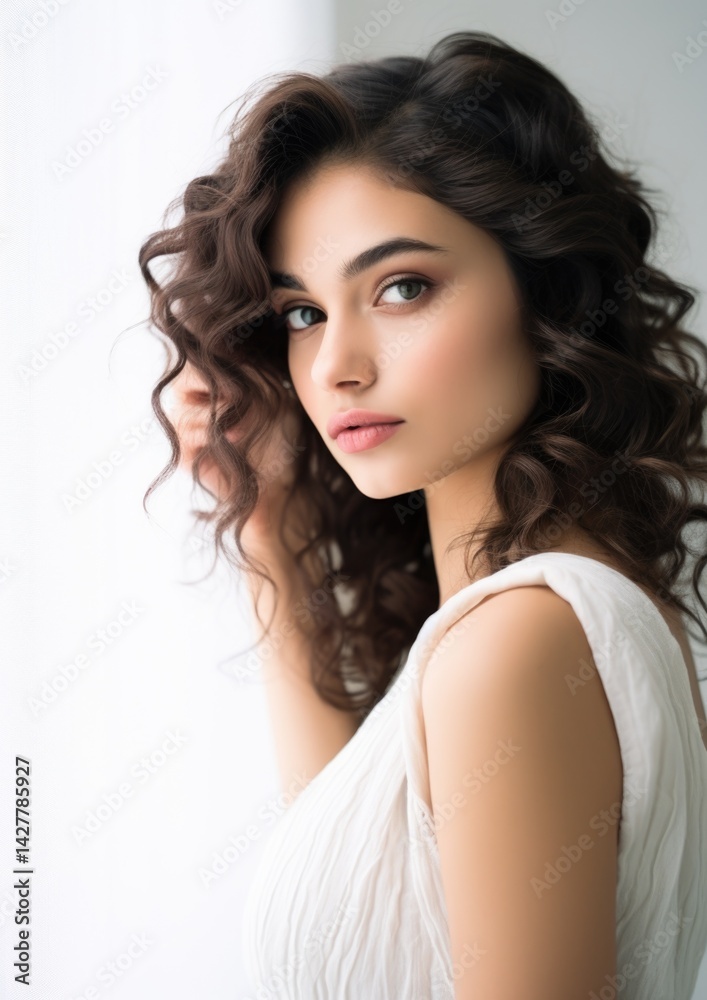 Naklejka premium Dark Brown Curly Hair Woman White Sleeveless Hand in Hair Portrait