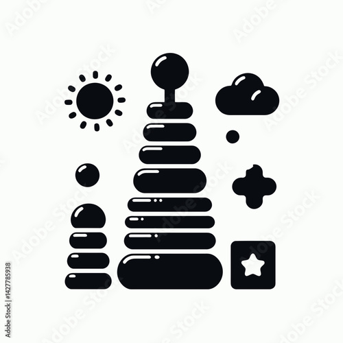 very simple flat and single minimalist Stacker Toy Silhouettes in black on a white background