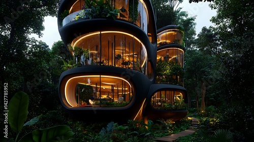 Modern eco-friendly architecture tropical forest stunning residential design lush greenery elevated perspective sustainable living