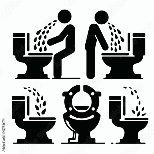 very simple flat and single minimalist Puking Toilet Silhouettes in black on a white background