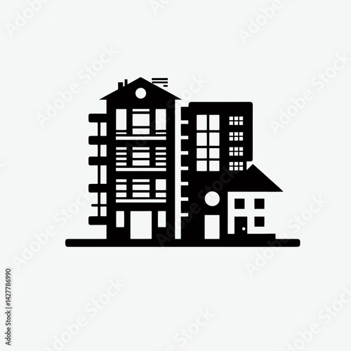 very simple flat and single minimalist Building Silhouettes in black on a white background