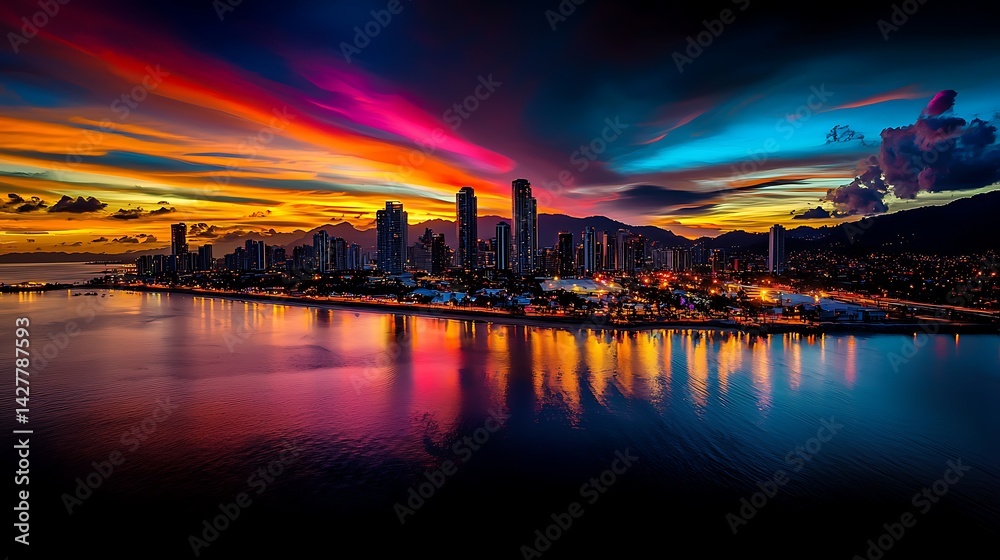Fototapeta premium Stunning sunset over city skyline coastal area landscape photography urban environment aerial view vibrant colors