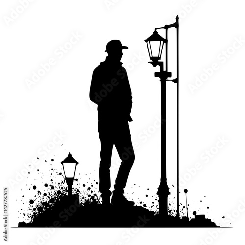 A man standing with a street lamp