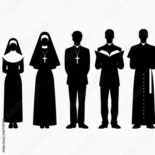 very simple flat and single minimalist Nun  Priest Silhouettes in black on a white background
