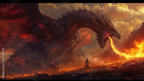a close up of a dragon attacking a man with a sword