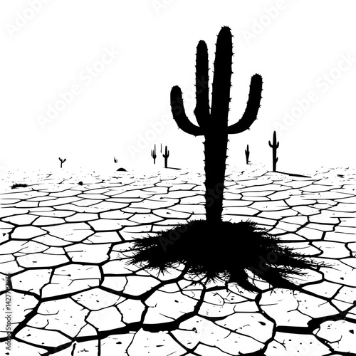 cracked earth with cracks in Desert cactus, cactus 
