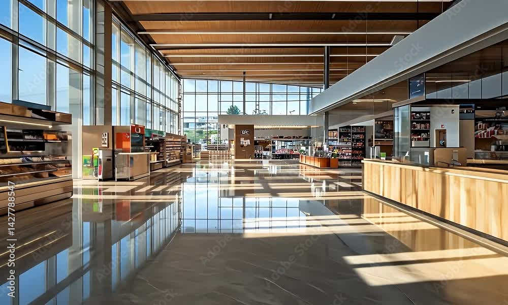 Interior of a bright building featuring large windows, wood ceiling, and reflective floor, creating an open, airy atmosphere