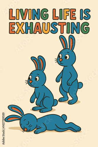 Cartoon Rabbits Feeling Exhausted Illustration on Beige Background