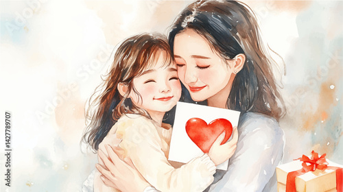 Vector illustration, Happy Mother's Day, mother hugging her daughter. 