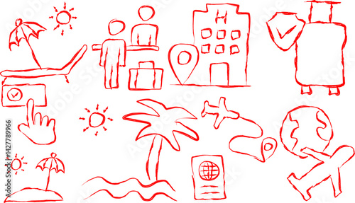 The doodle icon set depicts travel essentials: passport, airplane, air travel map, holiday island, summer beach, booking, insurance, hotel, check-in, beach lounge.