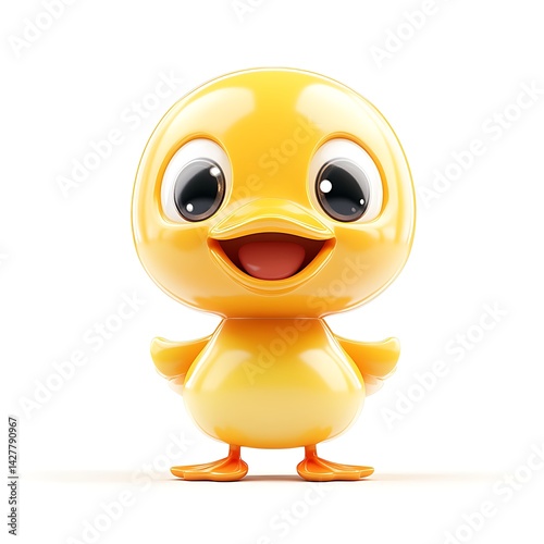A smiley yellow 3D cartoon chicken character holds an egg, an isolated and funny illustration
