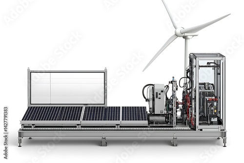 Industrial transport machinery carries solar panels and a wind turbine, a heavy equipment illustration for clean energy business