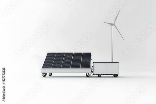 Green technology showcases a solar panel with a wind turbine against the sky, representing renewable energy for a sustainable environment