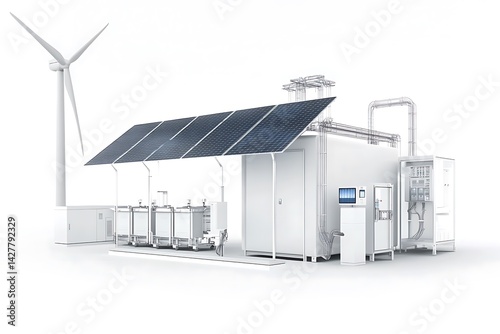 Solar panels and wind turbines compose a renewable energy power project, illustrating sustainable design for a greener environment