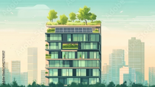 rendering of a building with a solar array on top of it, in an eco city