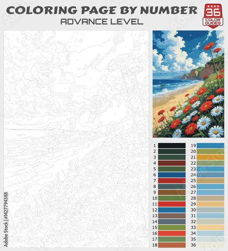 Coloring Page by Numbers – Coastal Wildflower Landscape (Advanced Level)